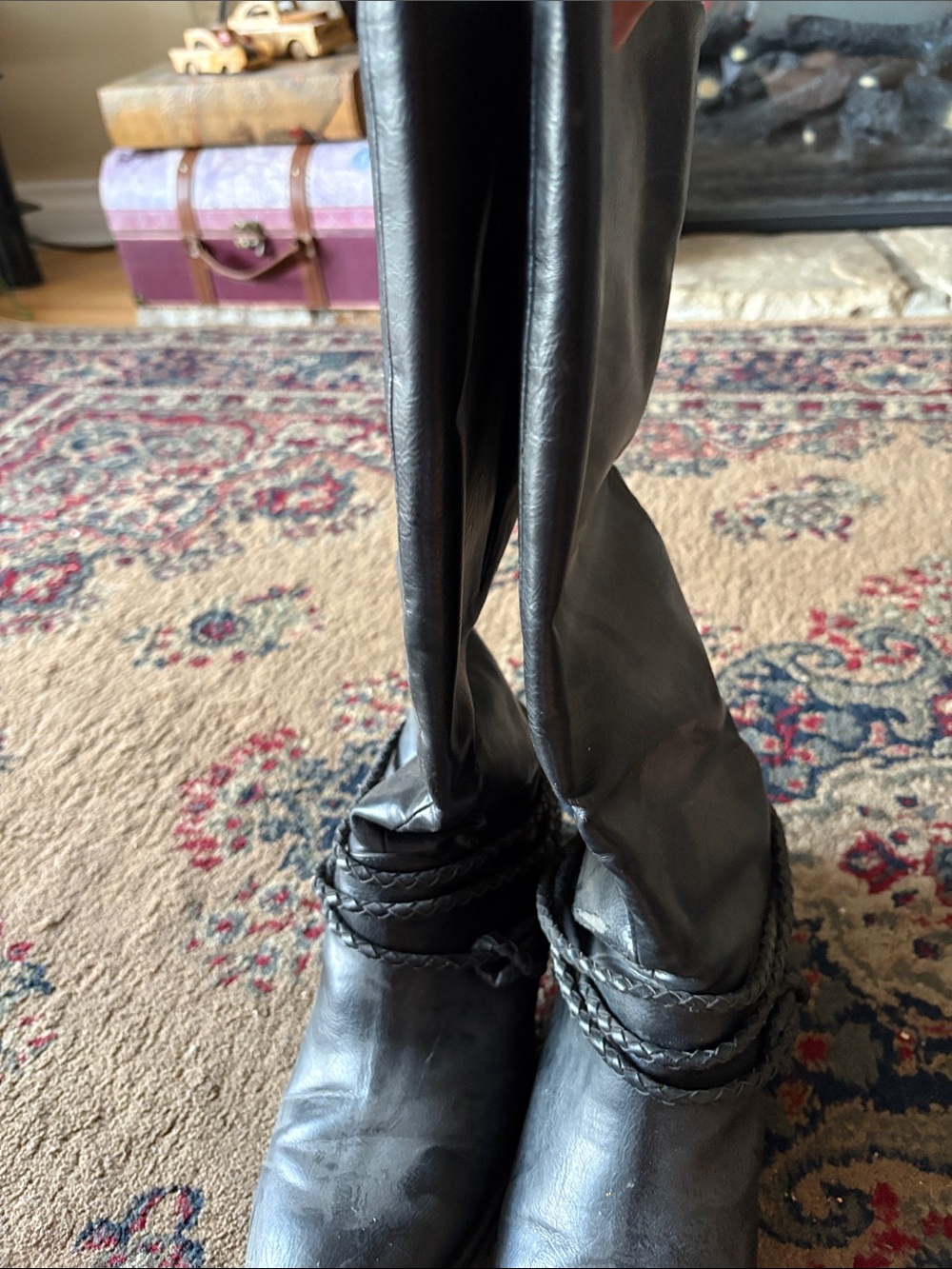 Black Women's Leather Knee-High Boots with Braided Detail